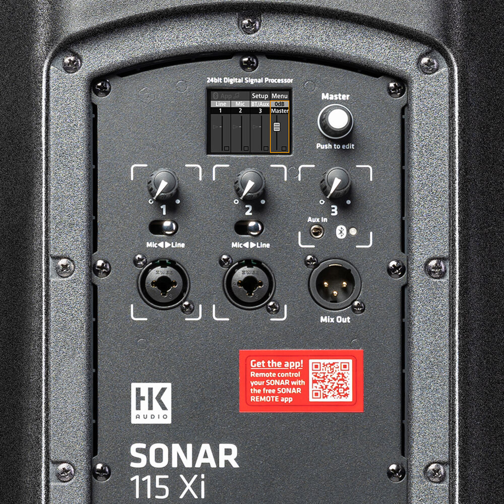 HK Audio SONAR 115 Xi active loudspeaker with a black enclosure, featuring dual speaker drivers and professional audio connectors.