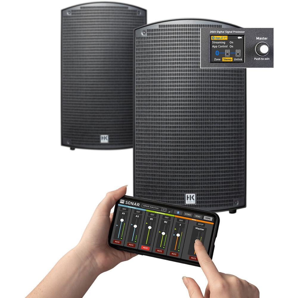 HK Audio SONAR 115 Xi active loudspeaker, black speaker with control panel and handle for professional sound reinforcement.