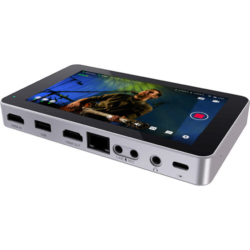 YoloLiv YoloBox Mini video monitor showing a compact screen with control buttons and HDMI connection for live streaming.
