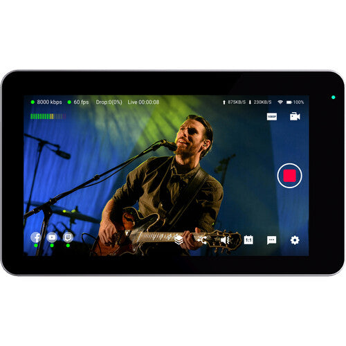 YoloLiv YoloBox Mini video monitor showing a compact touchscreen device with live streaming controls and connected cables.