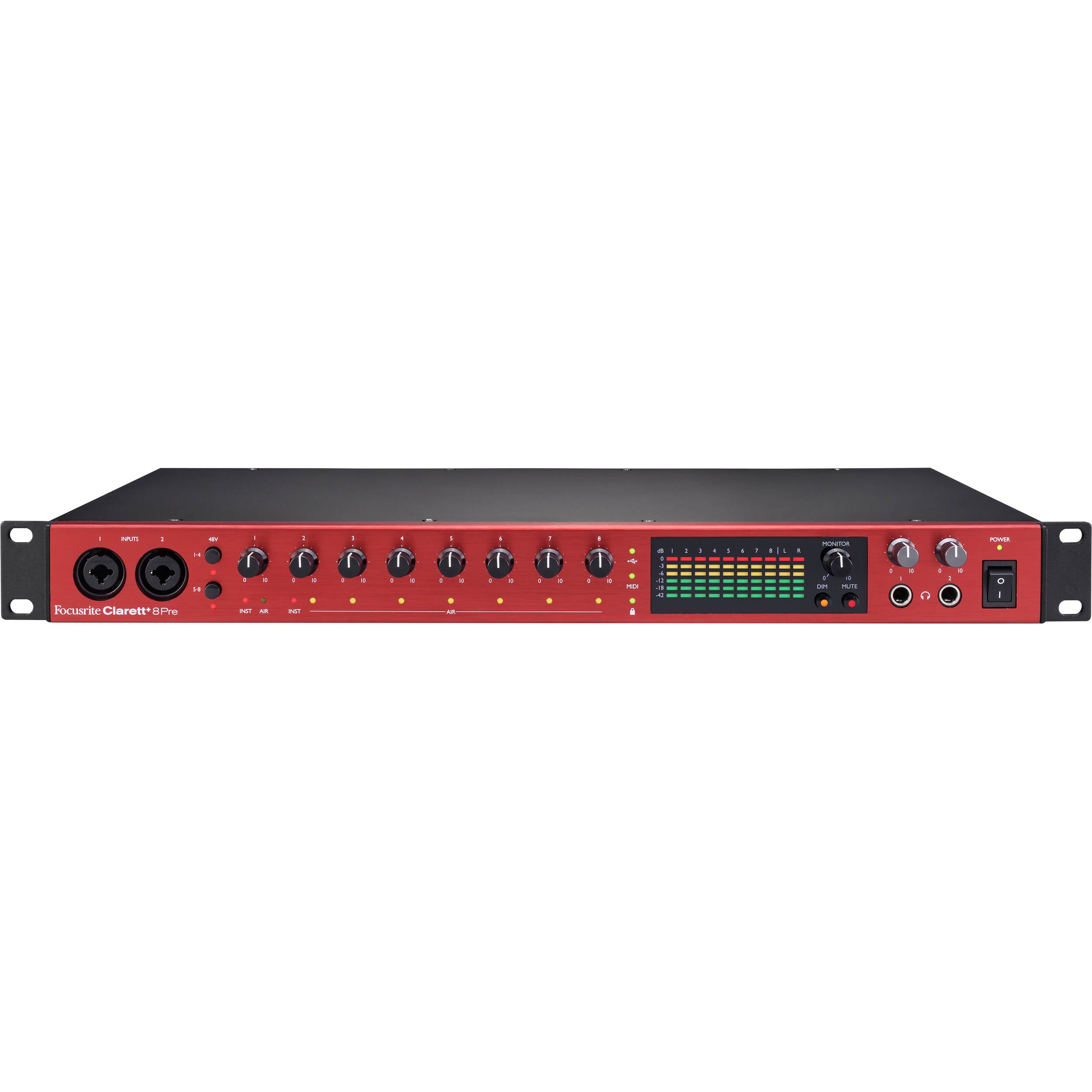 Focusrite Clarett+ 8Pre audio interface with multiple input and output ports, professional-grade recording equipment.