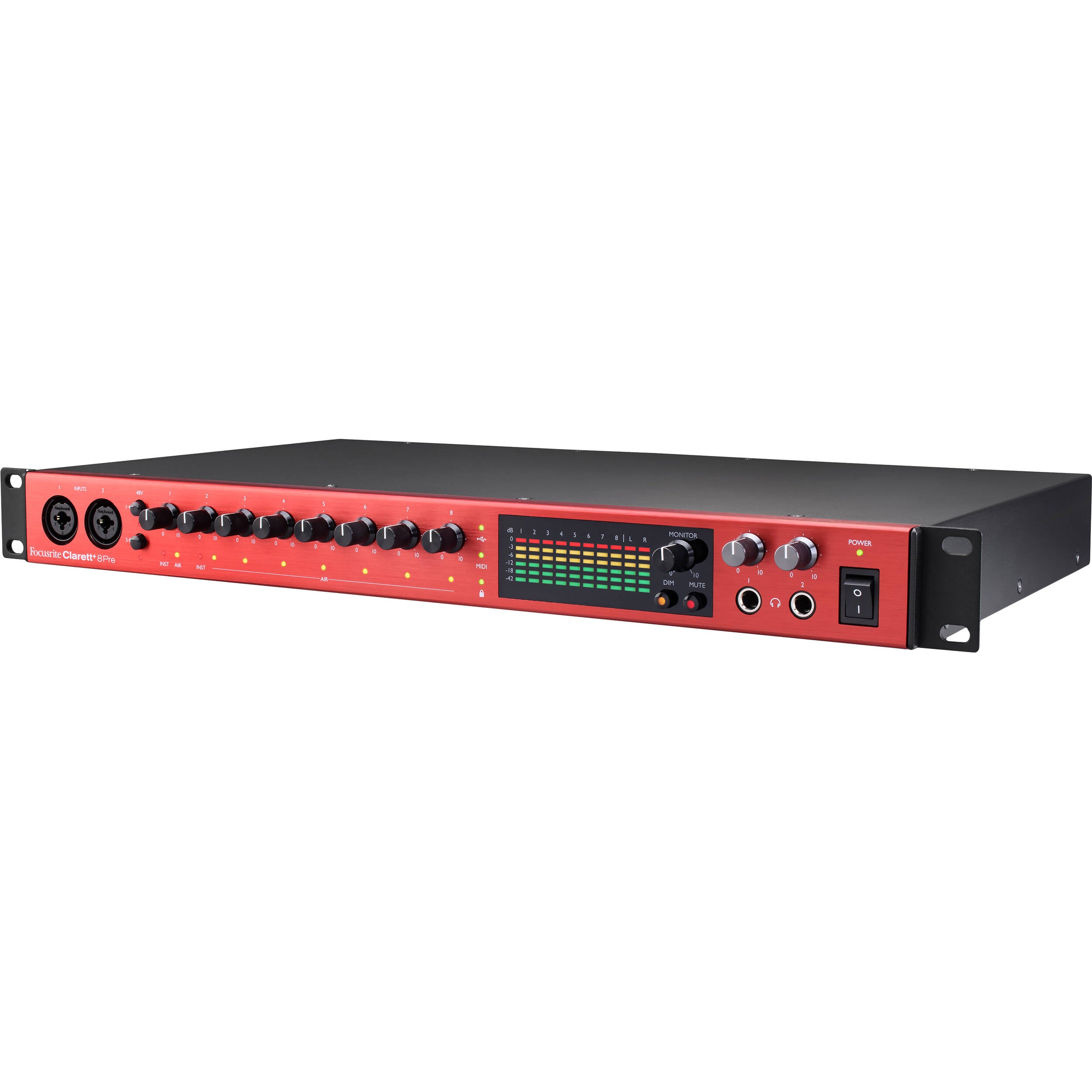 Focusrite Clarett+ 8Pre audio interface with multiple input/output ports and sleek black design, shown on a white background.
