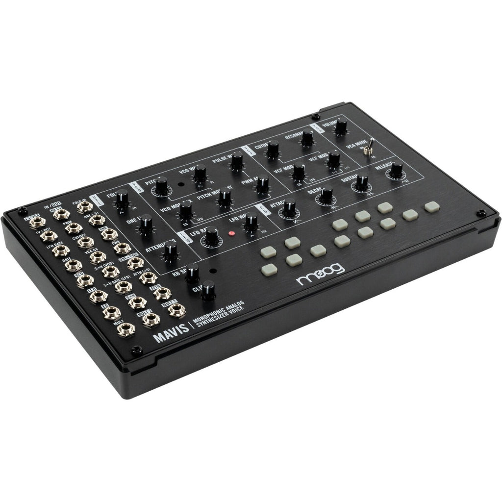 Moog Mavis synthesizer with knobs and keyboard, compact electronic musical instrument for studio and live performance.