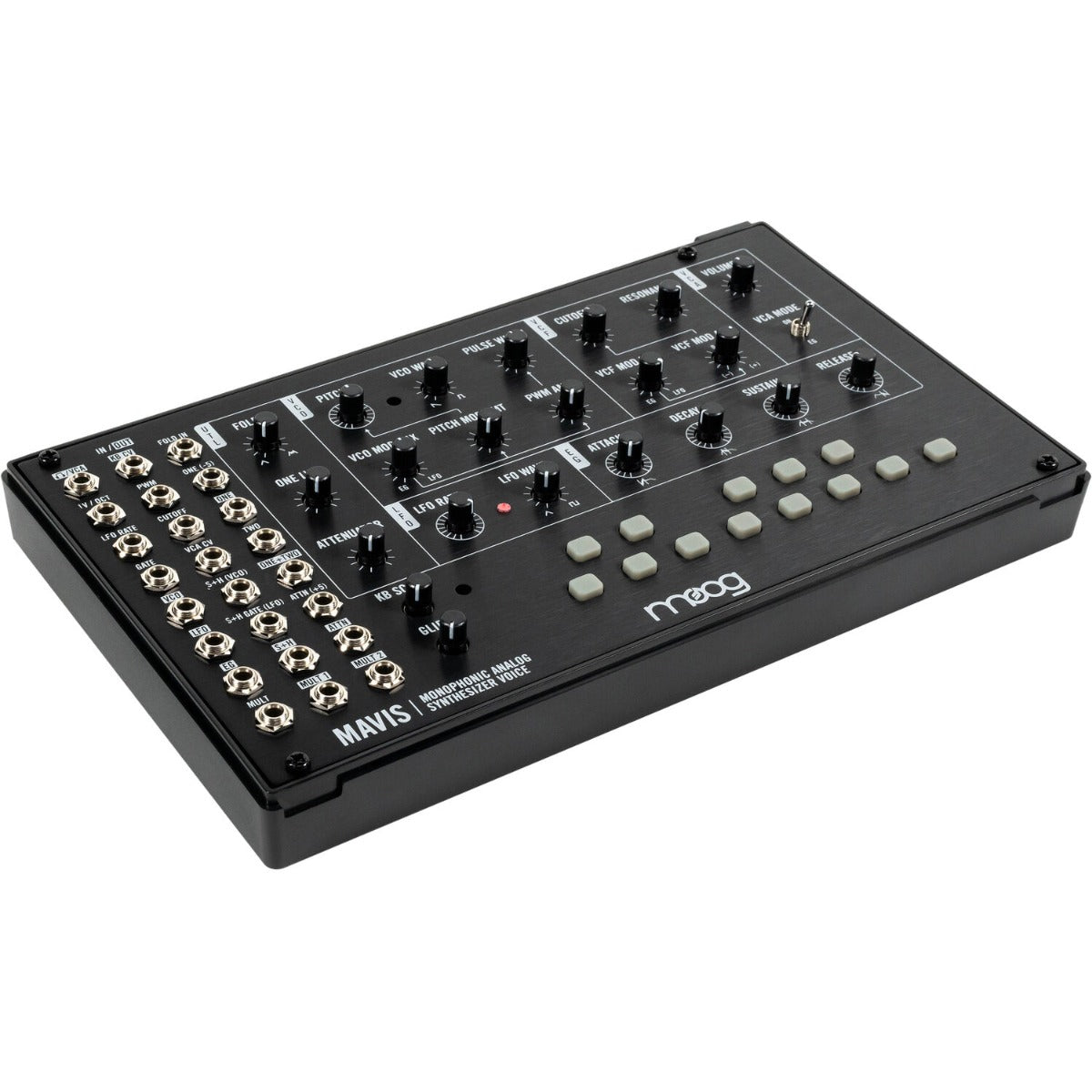 Moog Mavis synthesizer with knobs and keyboard, compact electronic musical instrument for studio and live performance.