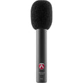 Austrian Audio CC8 condenser microphone with a black body and silver grille, positioned on a stand against a dark background.
