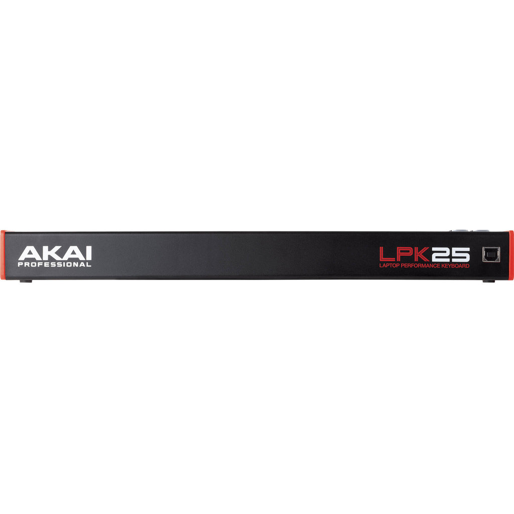 Akai Professional LPK25 MK2 MIDI keyboard with 25 velocity-sensitive keys and compact design, ideal for music production.