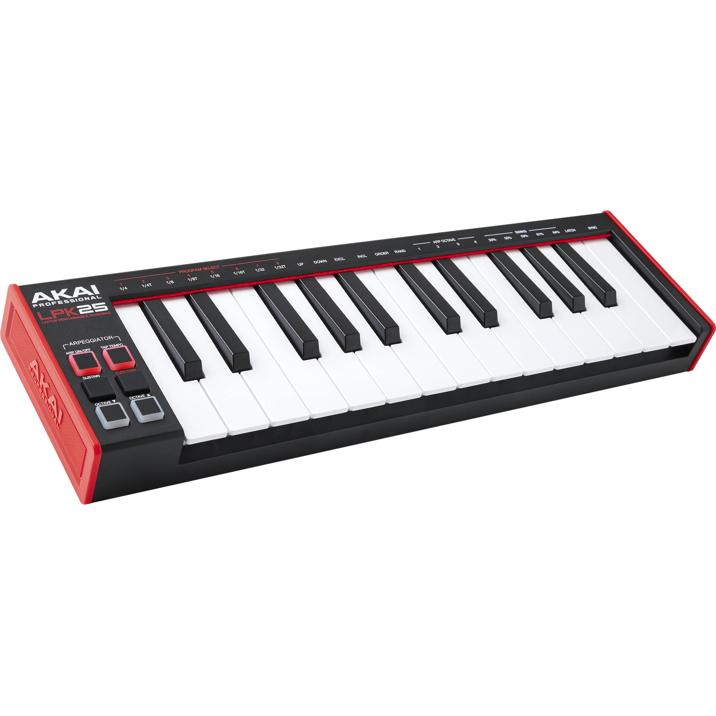 Akai Professional LPK25 MK2 MIDI keyboard with 25 keys, compact design, and control buttons for music production and performance.