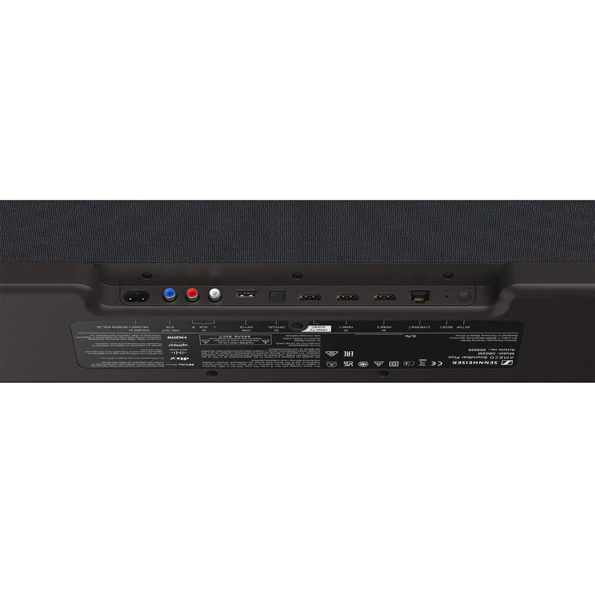 Sennheiser Ambeo Soundbar Plus with sleek black design and multiple speaker drivers for immersive TV sound.