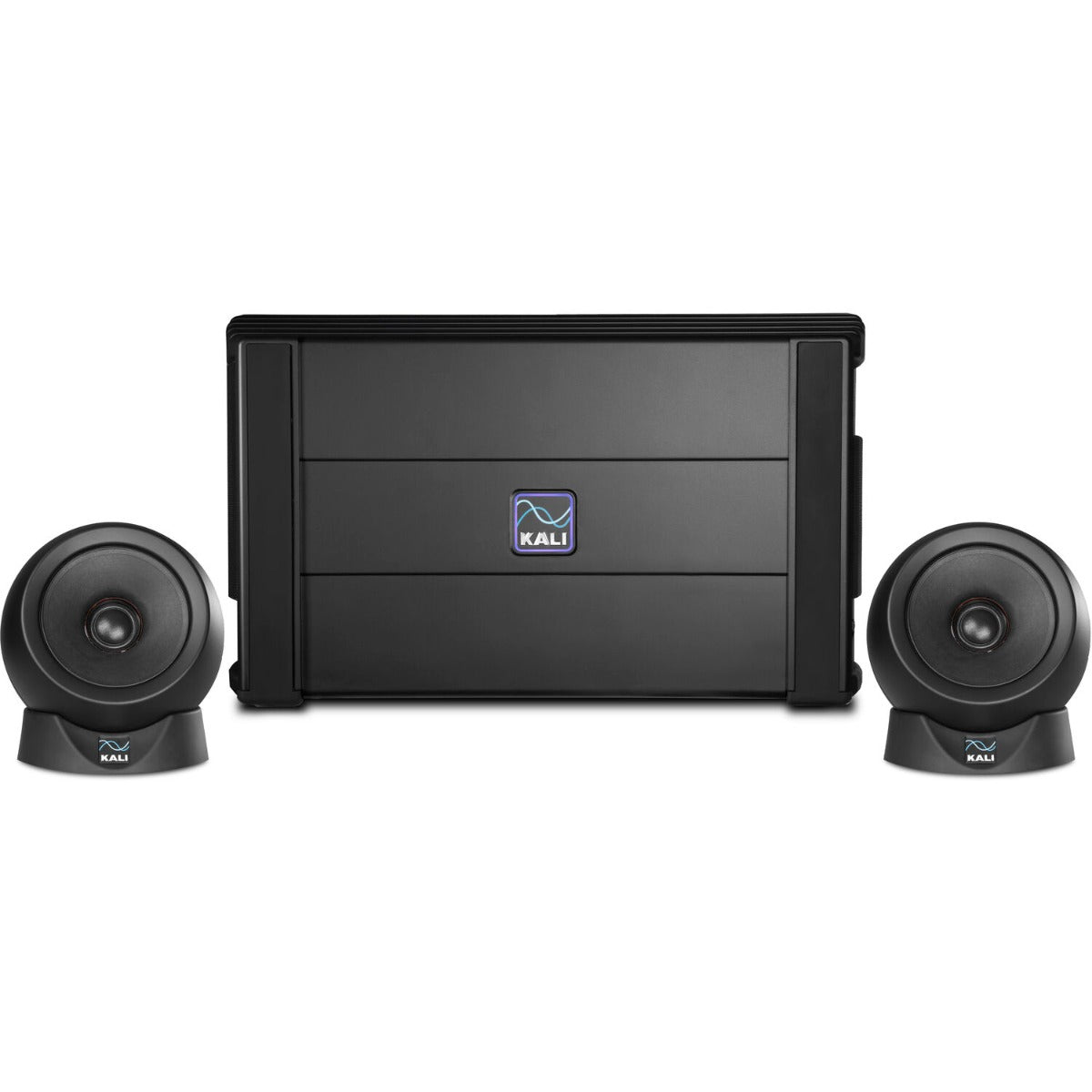 Pair of Kali Audio IN-UNF studio monitors with matching subwoofer in a professional audio setup.