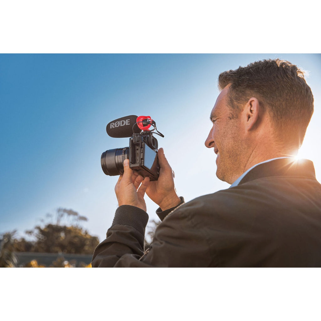 Rode VideoMicro II shotgun microphone mounted on a camera, compact and portable for high-quality audio recording.