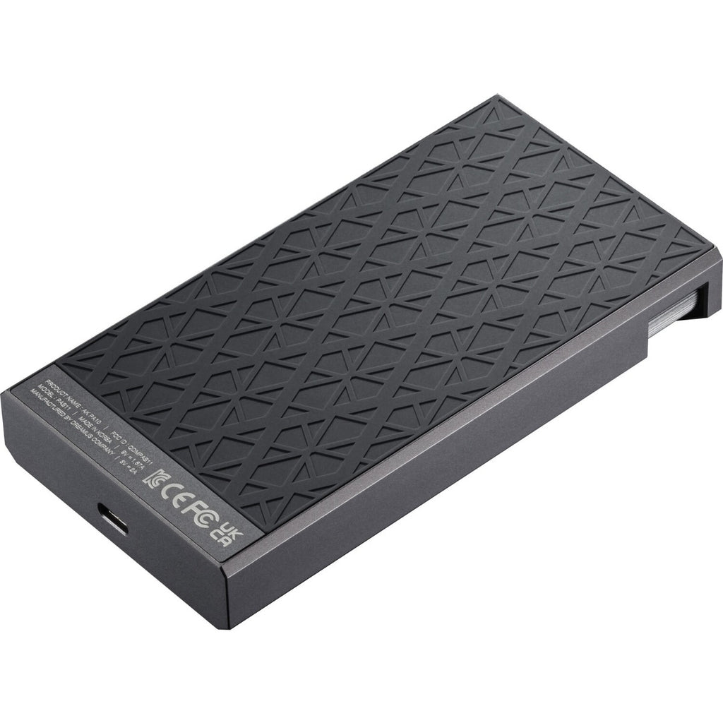 Astell&Kern AK PA10 portable headphone amplifier with sleek black design and compact size, connected to headphones.