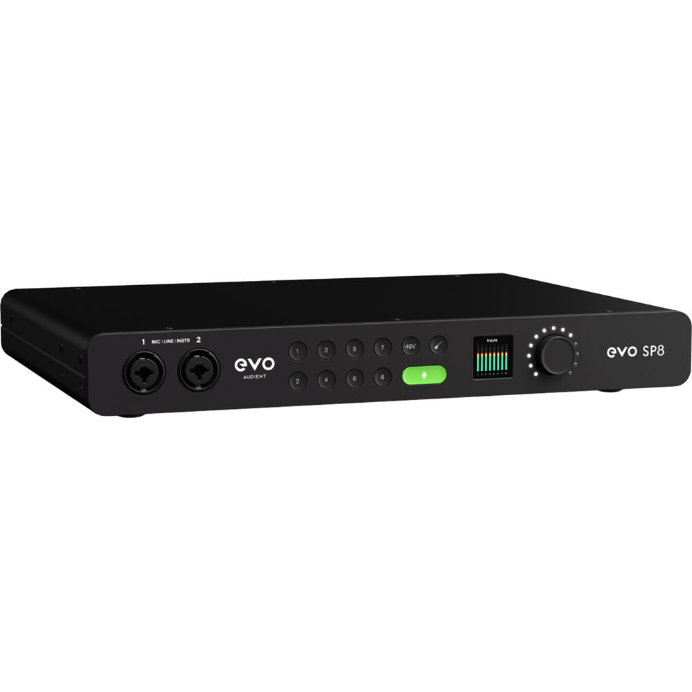 Audient EVO SP8 microphone preamp with multiple input channels and controls, sleek black design, and professional audio equipment.