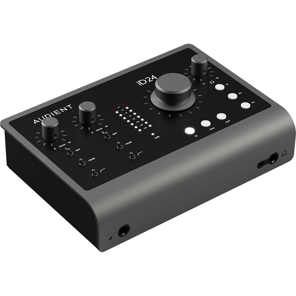 Audient iD24 audio interface with multiple input/output ports and sleek black design, used for professional music recording.