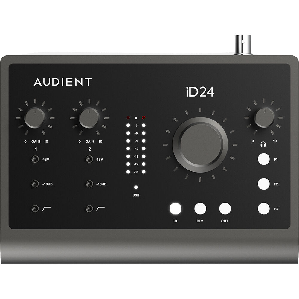 Audient iD24 audio interface with multiple input and output ports, professional-grade controls, and sleek black design.