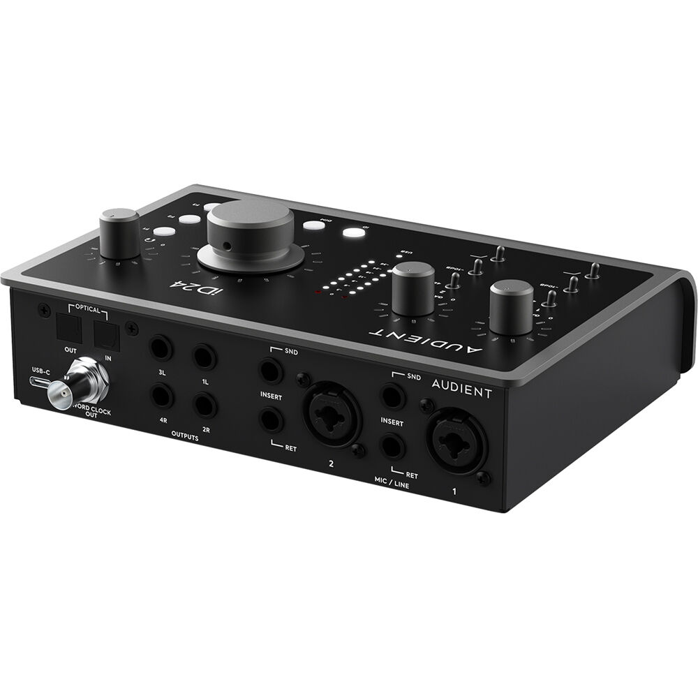 Audient iD24 audio interface shown with multiple input and output ports, compact design, and professional audio equipment features.