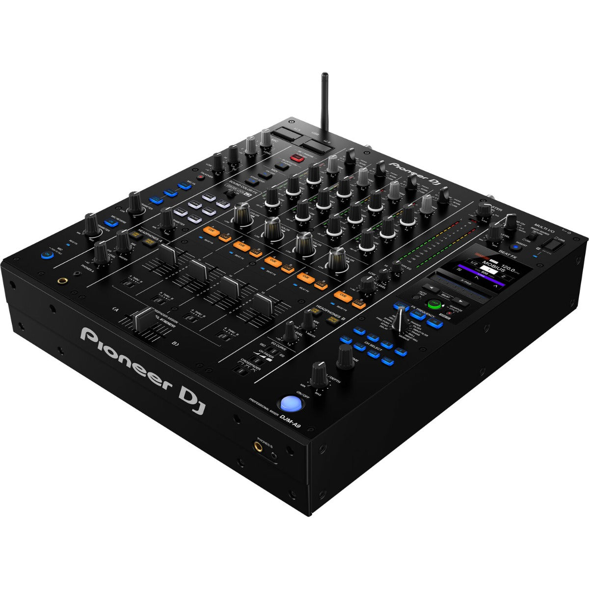 Pioneer DJM-A9 DJ mixer with multiple knobs, faders, and digital controls for professional DJ setup.
