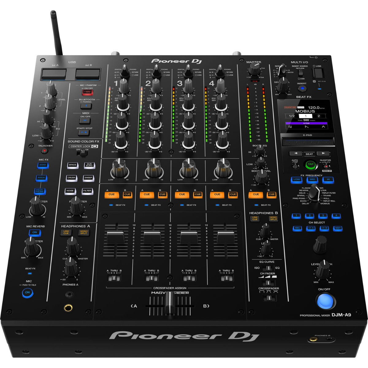 Pioneer DJ DJM-A9 professional DJ mixer with multiple control knobs, faders, and colorful LED displays for seamless mixing.
