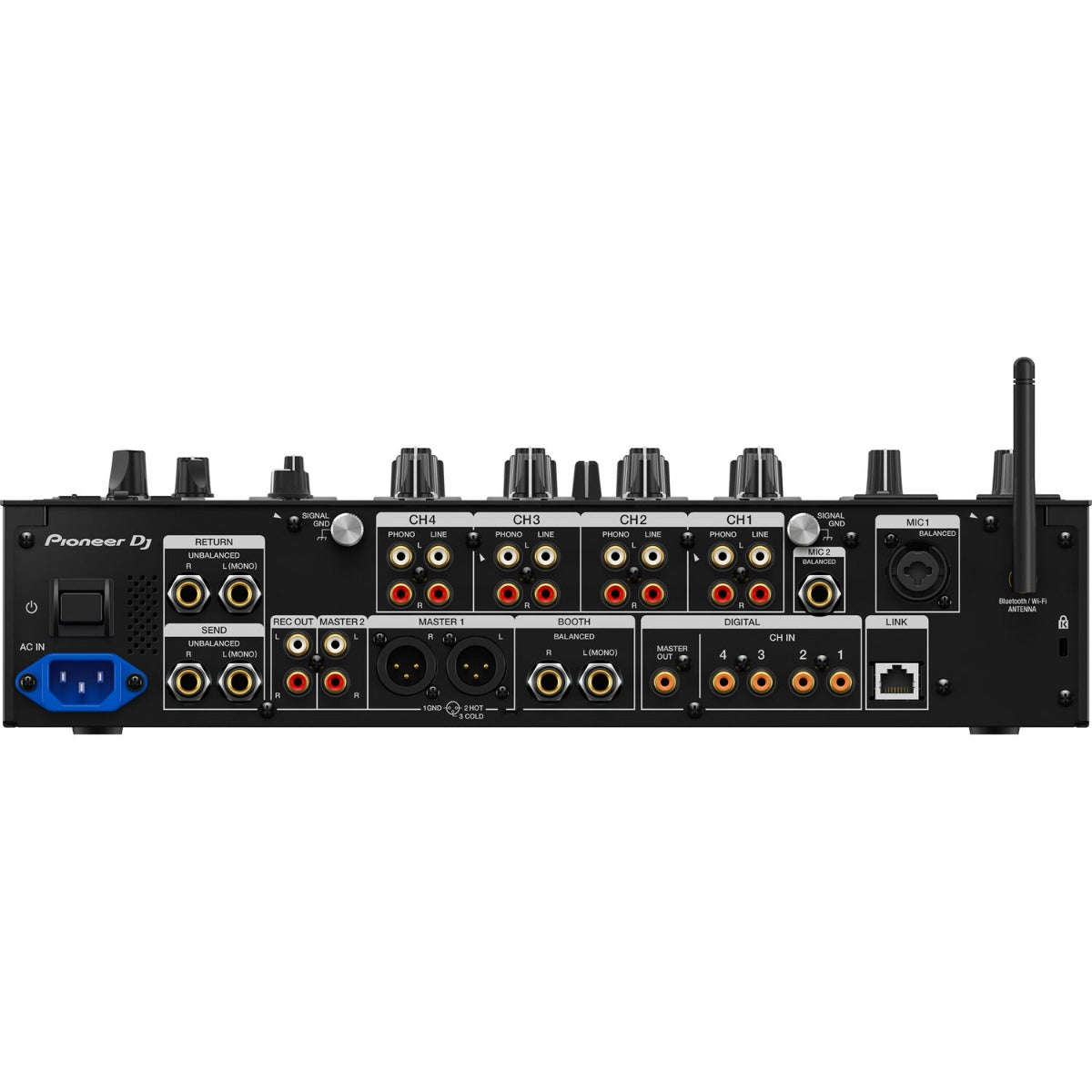 Pioneer DJ DJM-A9 professional DJ mixer with multiple channels, knobs, and faders for live music mixing and sound control.