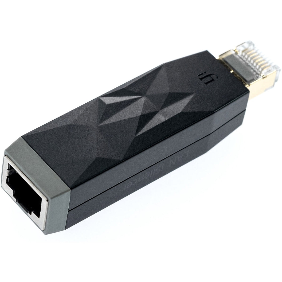 SilentPower LAN iSilencer noise filter with sleek design and connectors, designed to enhance audio quality in networks.