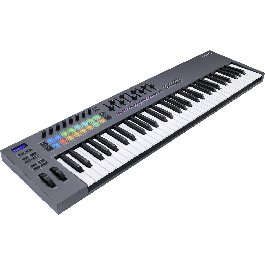 Novation FLkey 61 MIDI keyboard with black keys, control knobs, and a compact layout for music production and performance.