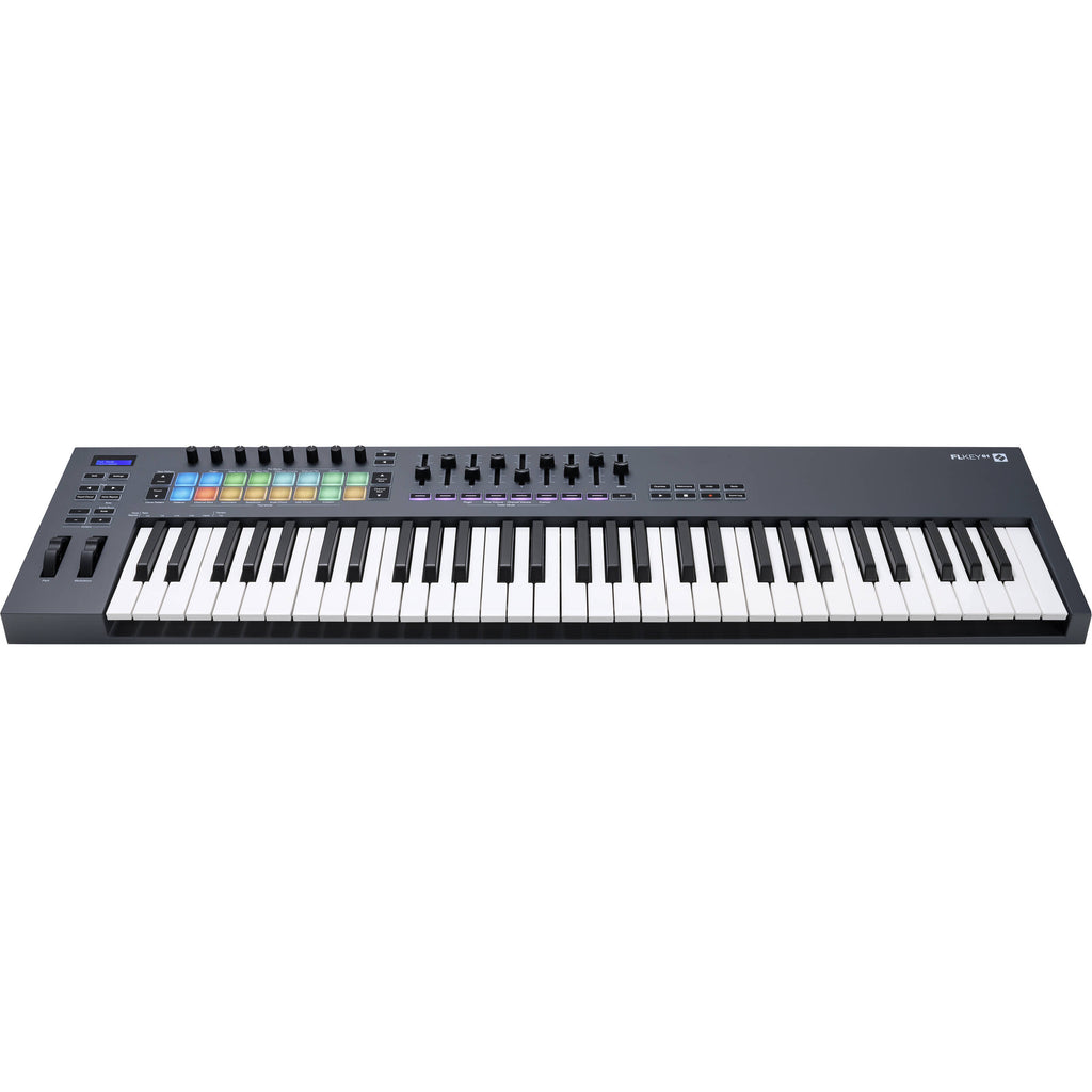 Novation FLkey 61 MIDI keyboard with black keys, control knobs, and a compact design for music production and performance.