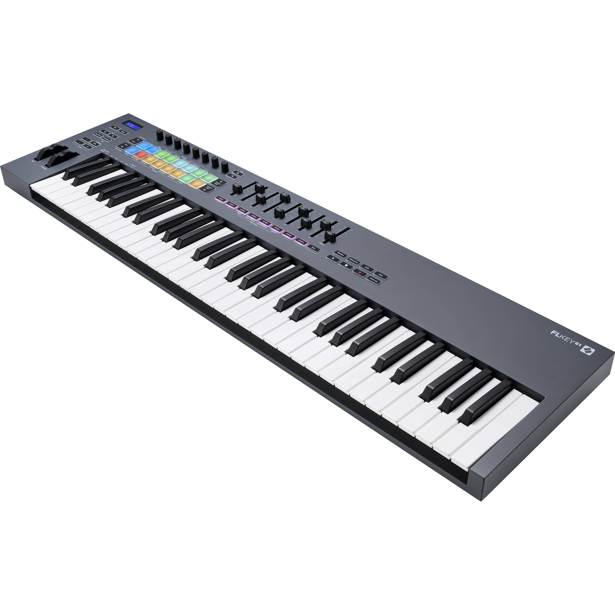 Novation FLkey 61 MIDI keyboard featuring black and white keys, control knobs, and a compact design for music production.