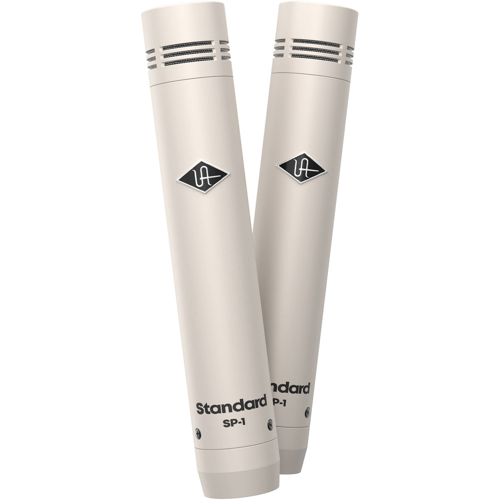 Universal Audio SP-1 condenser microphone with metal body and adjustable stand mount, ideal for studio recording.