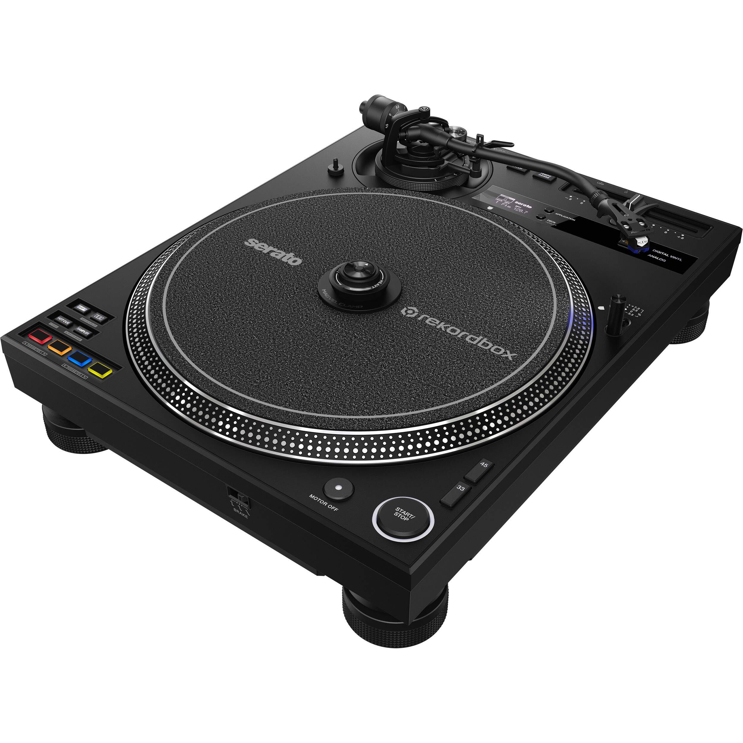Pioneer DJ PLX-CRSS12 DJ turntable with a sleek black design and detailed control knobs, ready for professional mixing.
