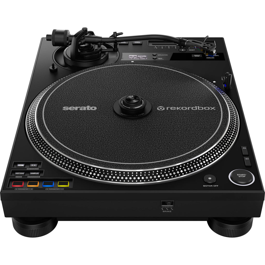 Pioneer DJ PLX-CRSS12 DJ turntable with adjustable tonearm and control features, shown from a side angle.