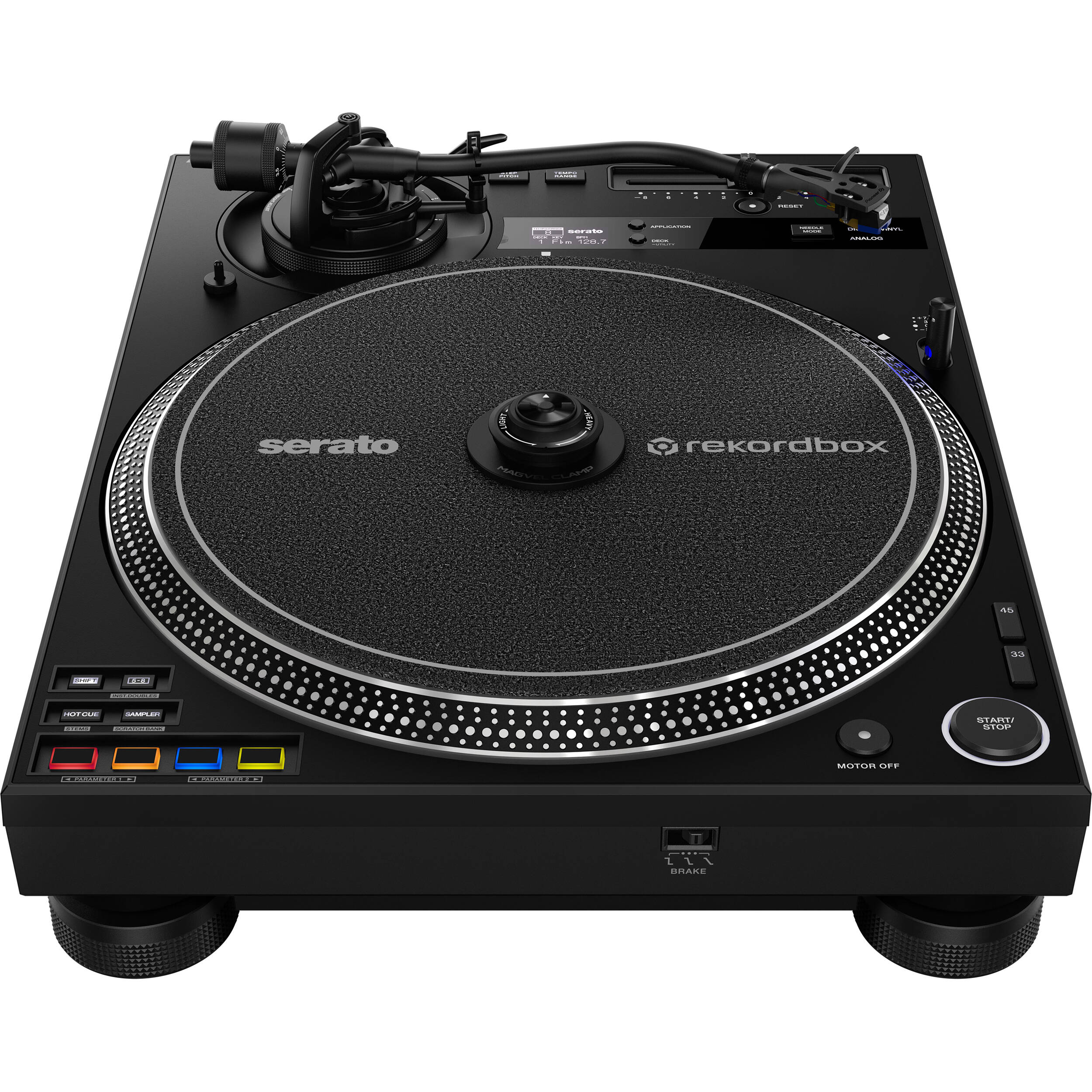 Pioneer DJ PLX-CRSS12 DJ turntable with adjustable tonearm and control features, shown from a side angle.