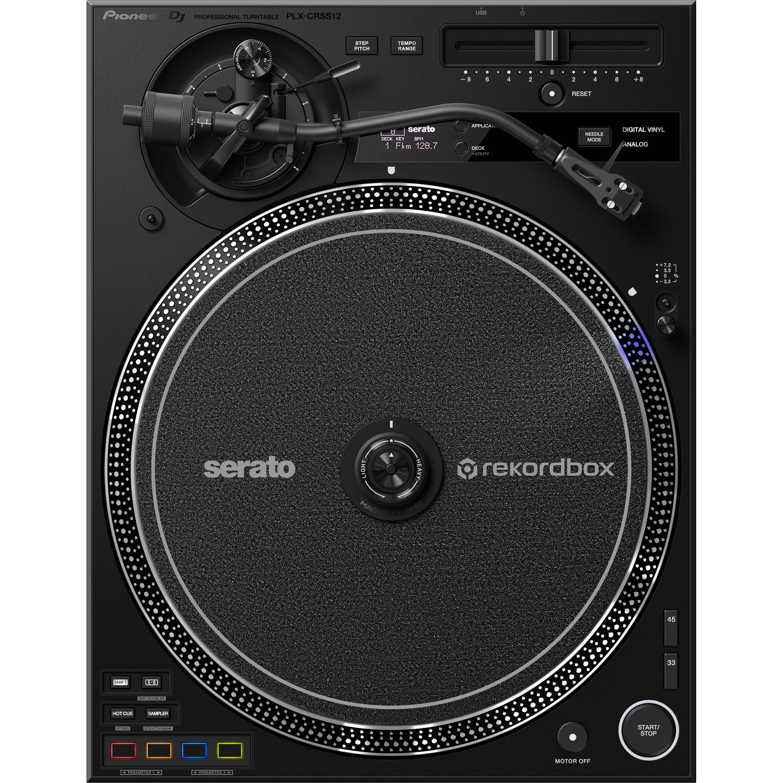 Pioneer DJ PLX-CRSS12 DJ turntables with sleek black design and control knobs, ideal for professional DJ setups