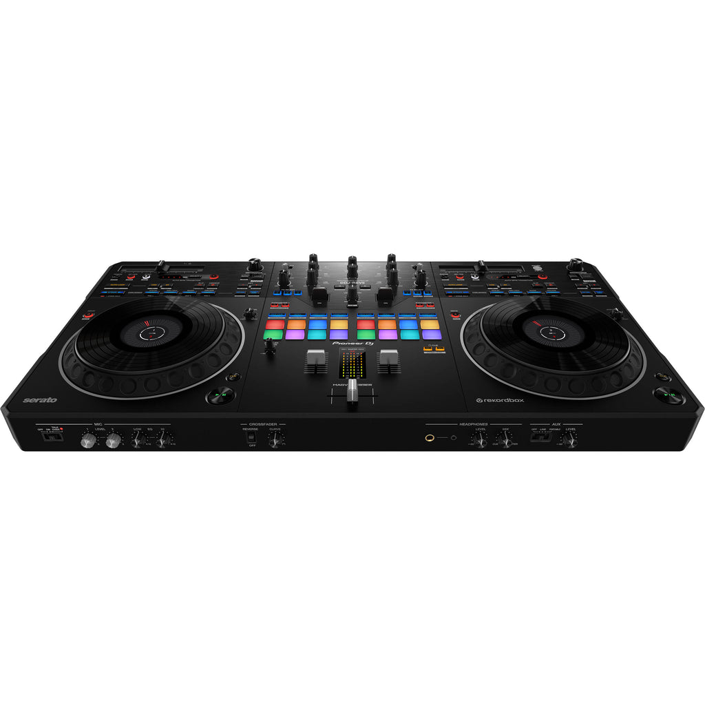 Pioneer DJ DDJ-REV5 DJ controller with jog wheels, mixer controls, and colorful LED lighting for professional DJ performances.