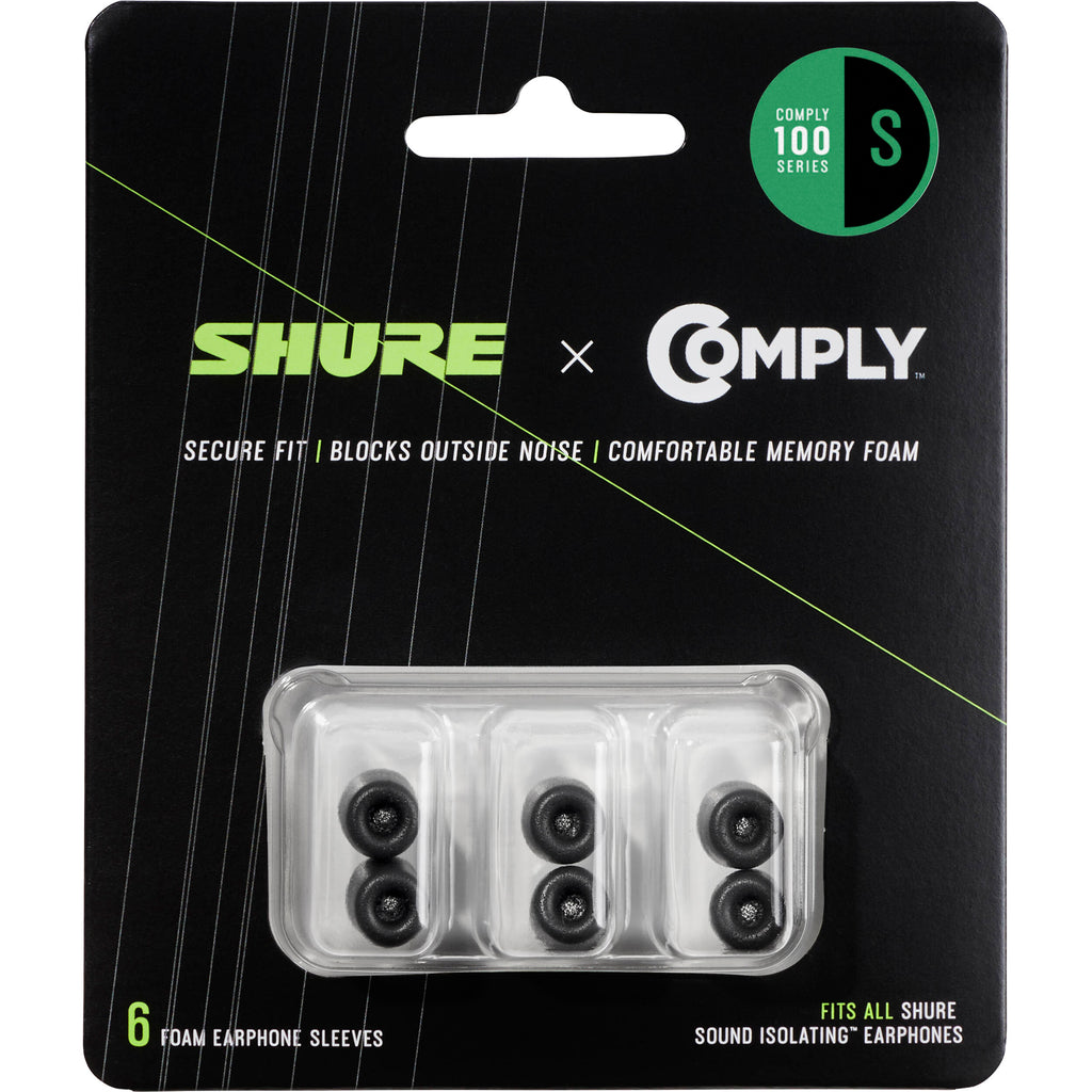 Shure EACYF1-6S black foam earpad sleeves for headphones, small size, set of three pairs, soft and comfortable fit.