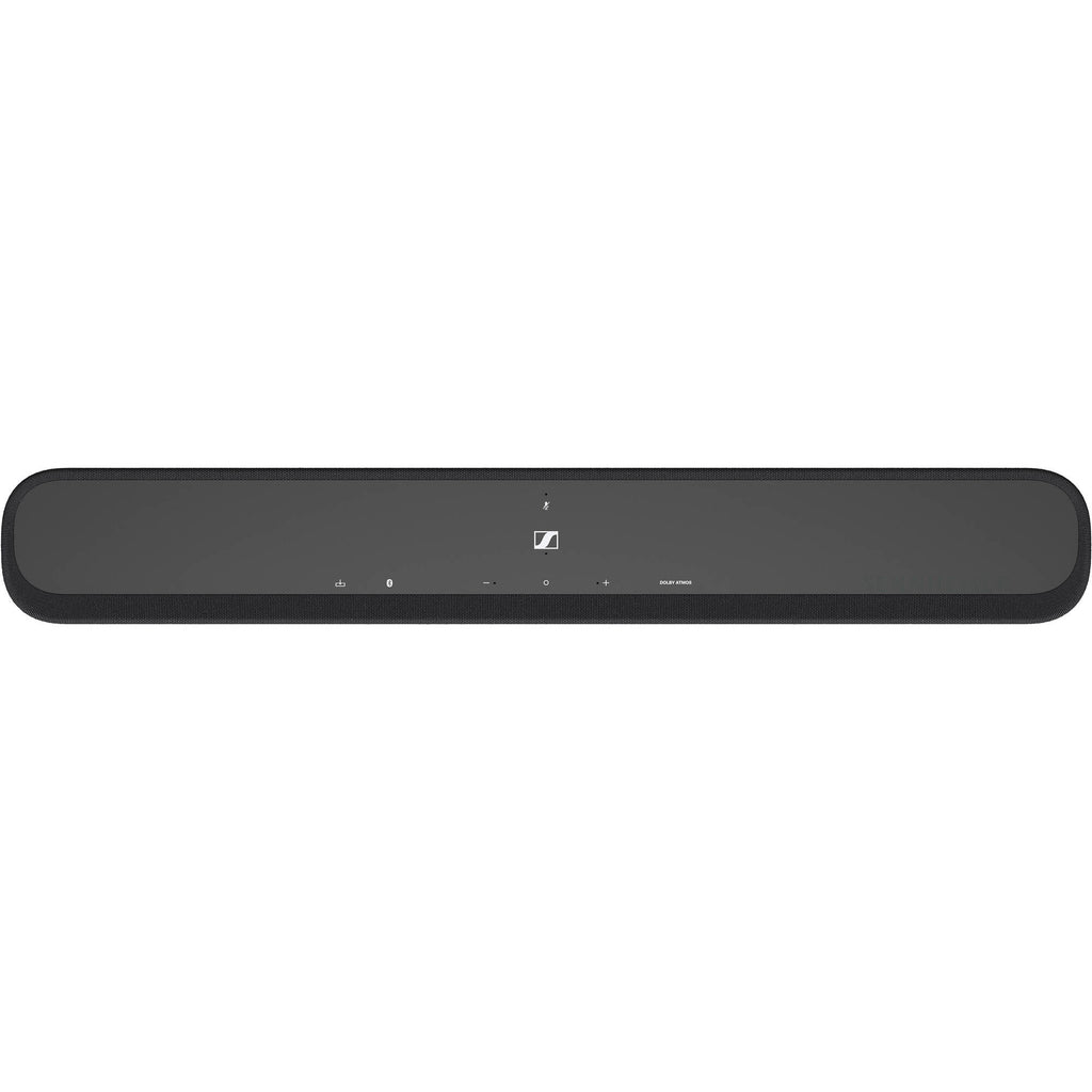 Sennheiser Ambeo Soundbar Mini with sleek black design, compact TV speaker showcasing multiple audio drivers and control buttons.