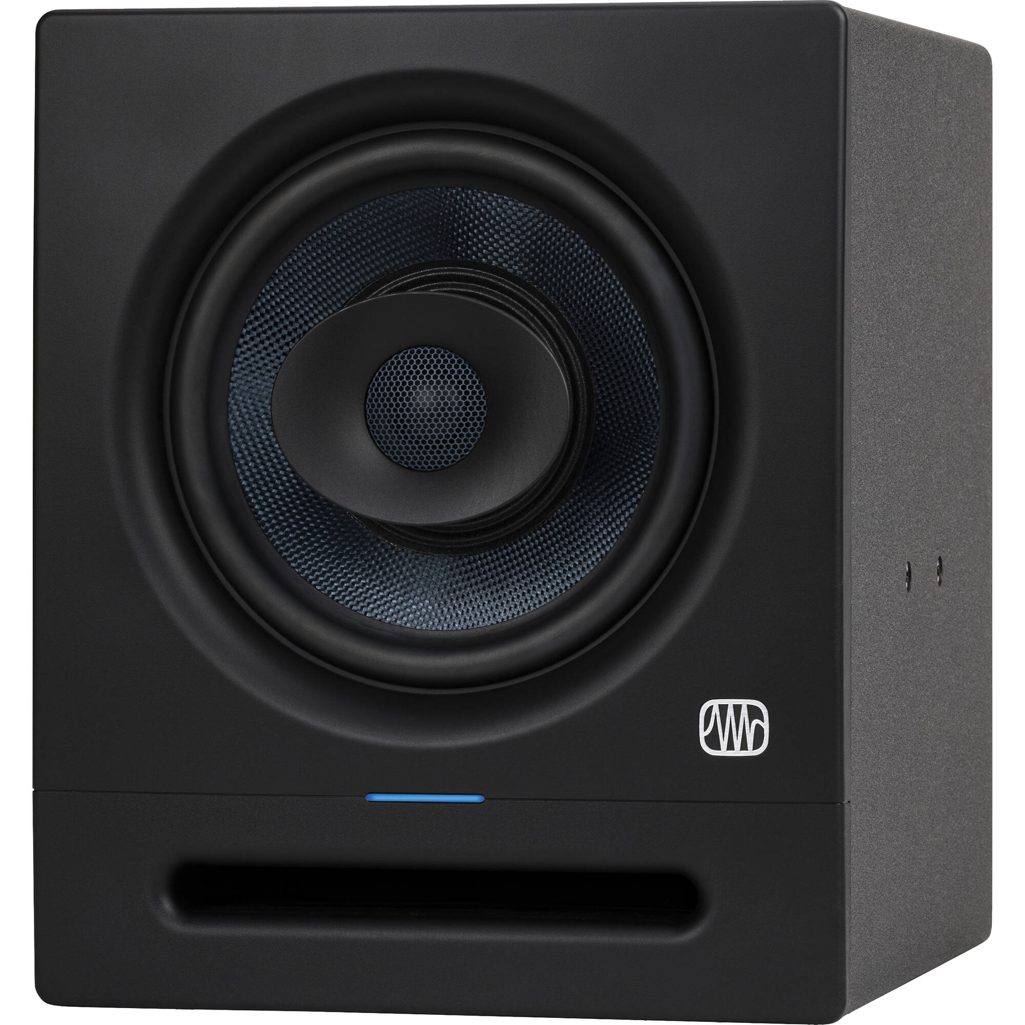 Presonus Eris Pro 8 active nearfield studio monitors shown on a desk with audio equipment, highlighting their sleek black design.