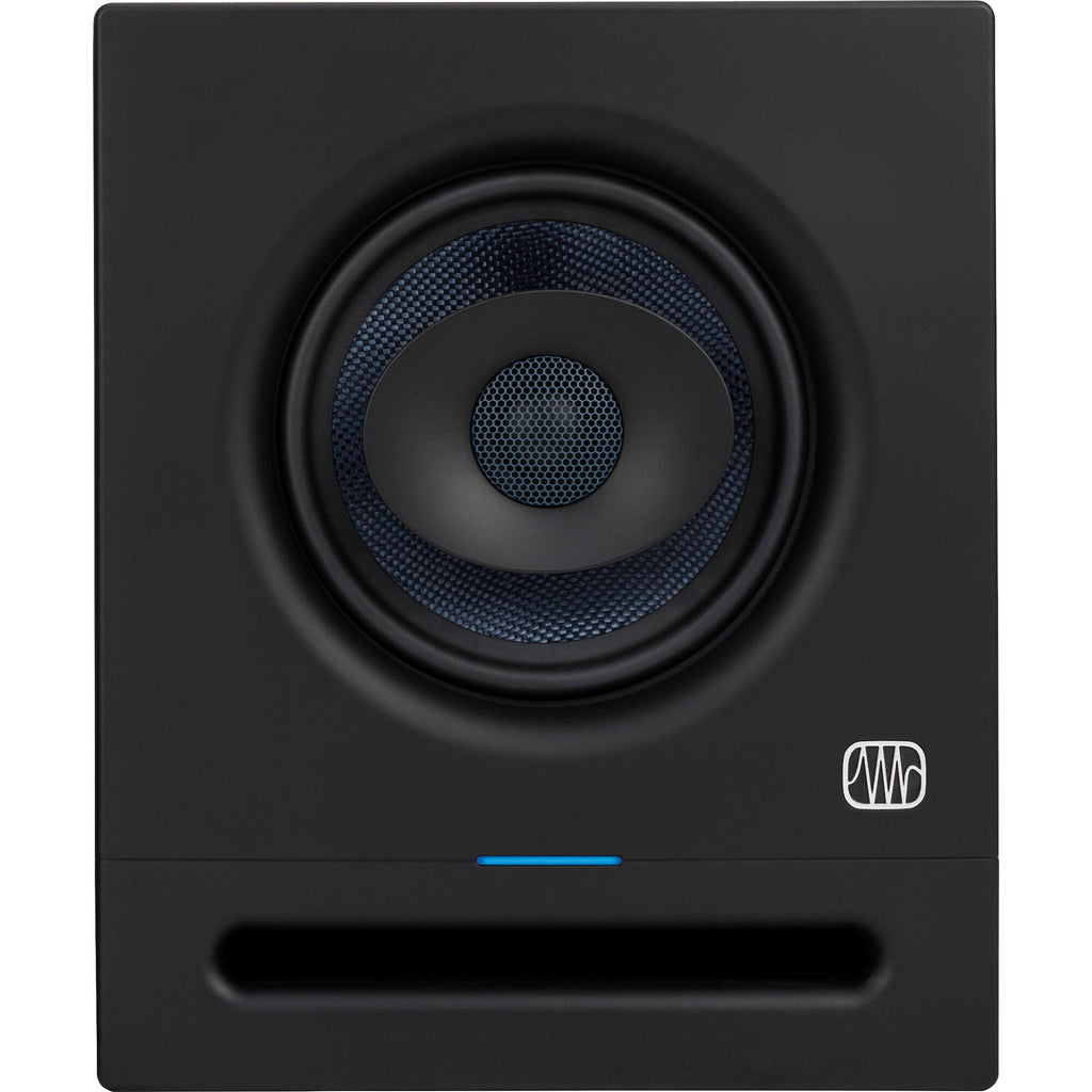 Presonus Eris Pro 6 active nearfield monitors shown with black finish and front speaker grille, ideal for studio audio setup.