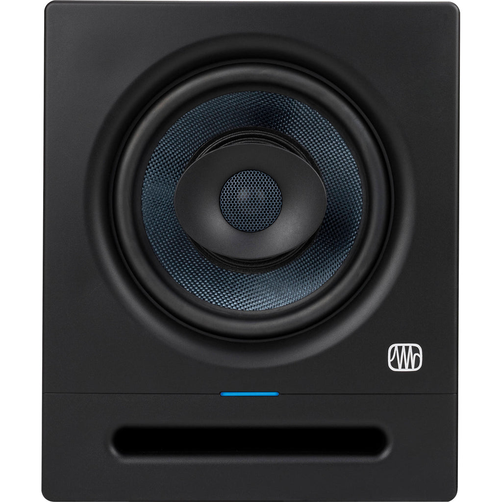 Presonus Eris Pro 8 active nearfield monitors shown on a desk with audio cables and control knobs.