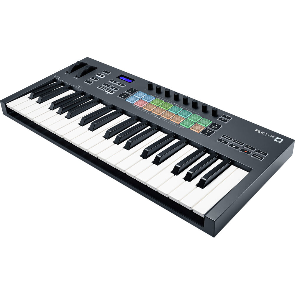 Novation FLkey 37 MIDI keyboard with 37 keys, illuminated control knobs, and touch-sensitive keys, designed for music production.