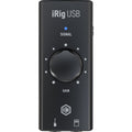 IK Multimedia iRig USB audio interface with input and output ports, compact design for mobile recording and sound setup.