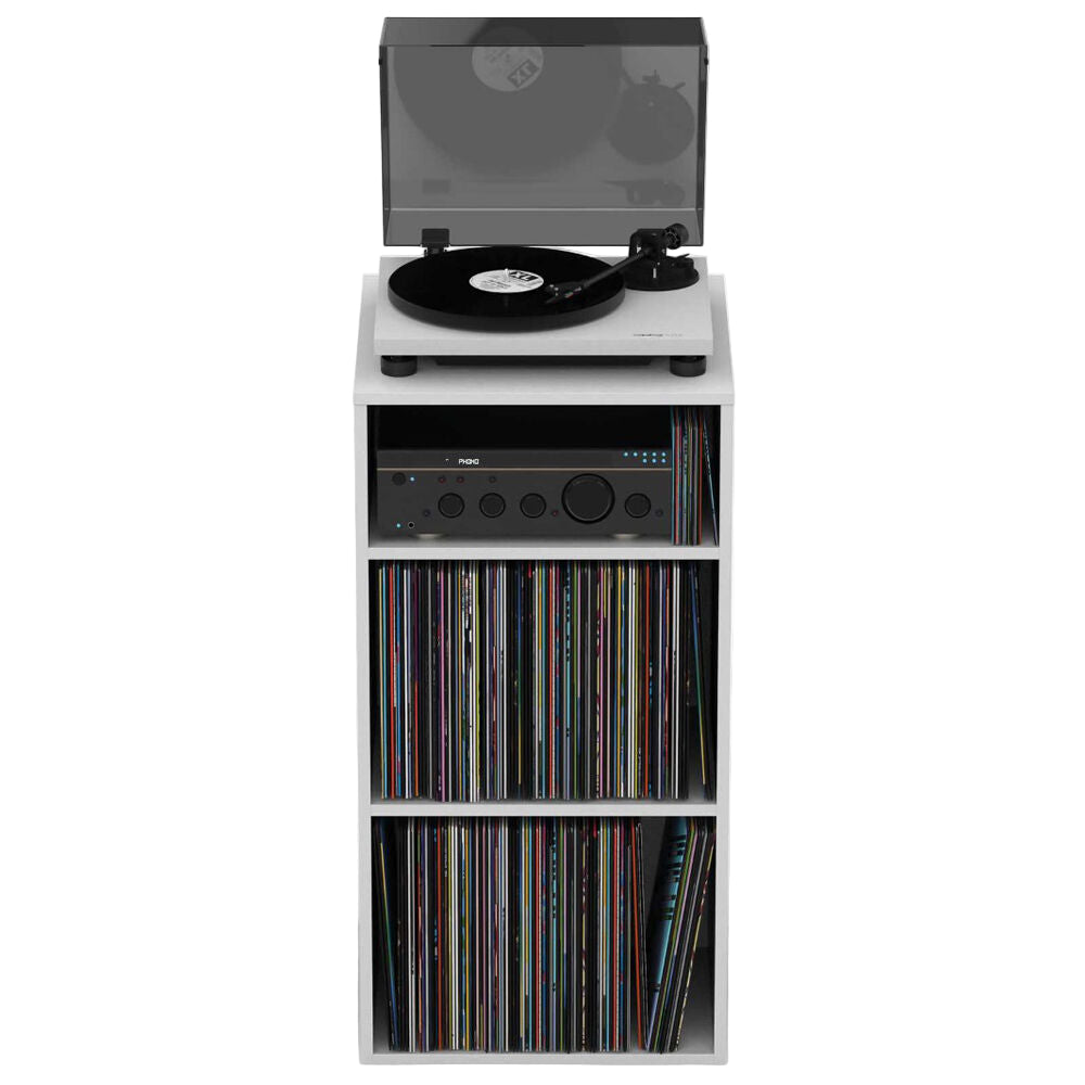 Glorious Modular Mix Rack DJ table with multiple sections for audio equipment and accessories, sturdy black metal frame.