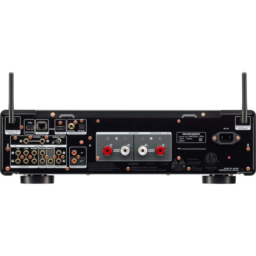 Marantz MODEL 40n stereo amplifier with sleek black design and control knobs, showcasing its modern audio equipment features.