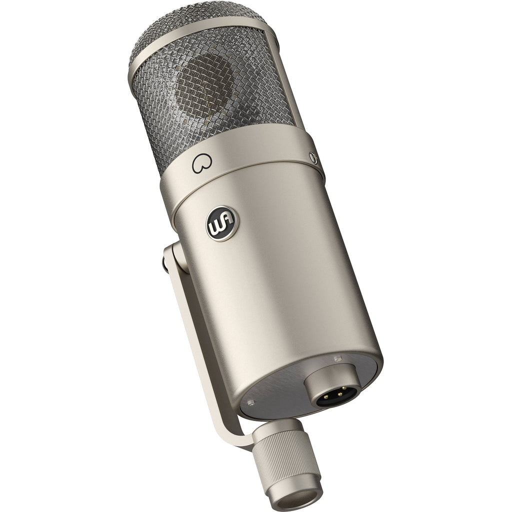 Warm Audio WA-47F condenser microphone shown on stand with black grille and gold body for studio recording.