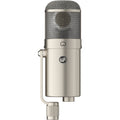 Warm Audio WA-47F condenser microphone with gold grille and vintage design, mounted on a stand for studio recording.