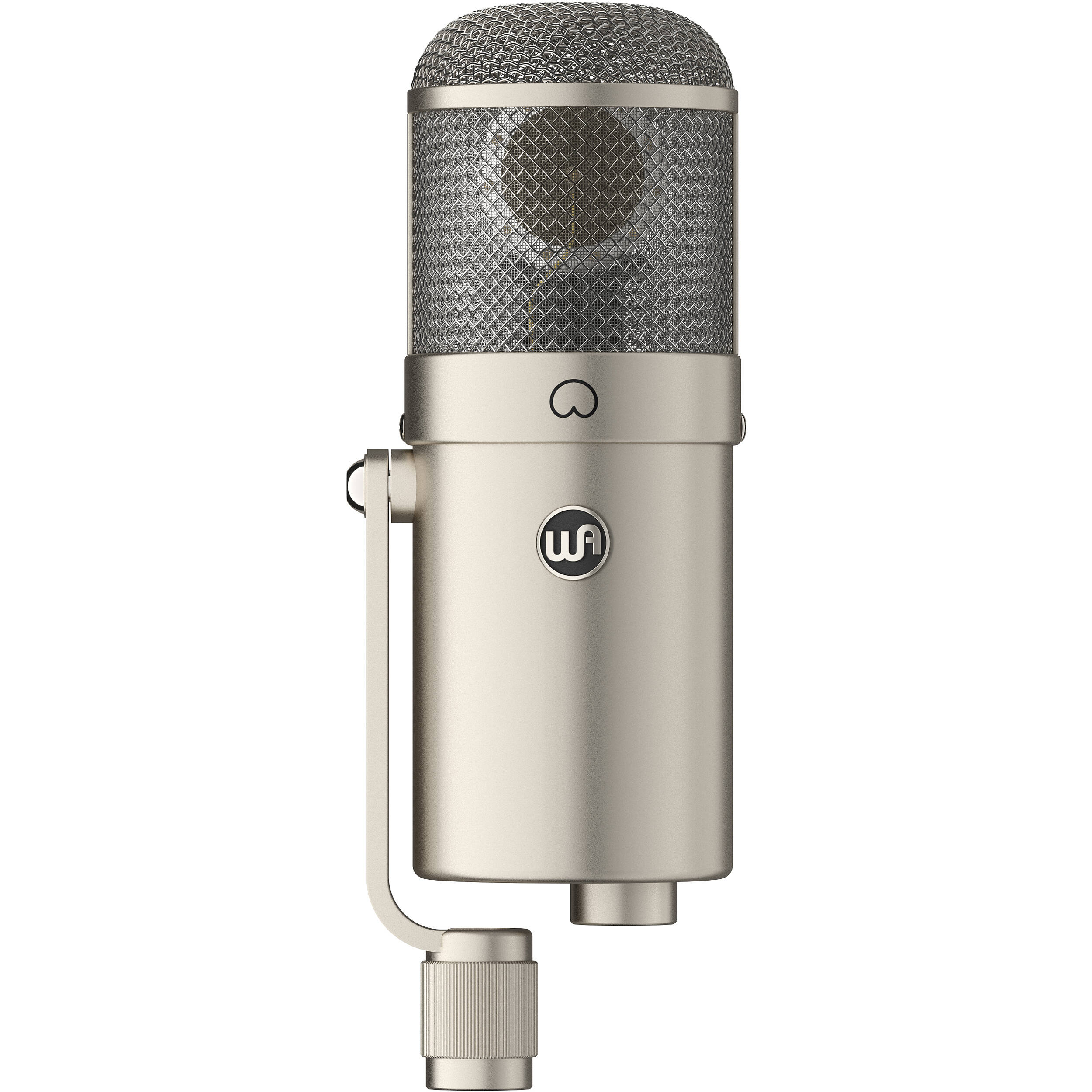 Warm Audio WA-47F condenser microphone with gold grille and vintage design, mounted on a stand for studio recording.