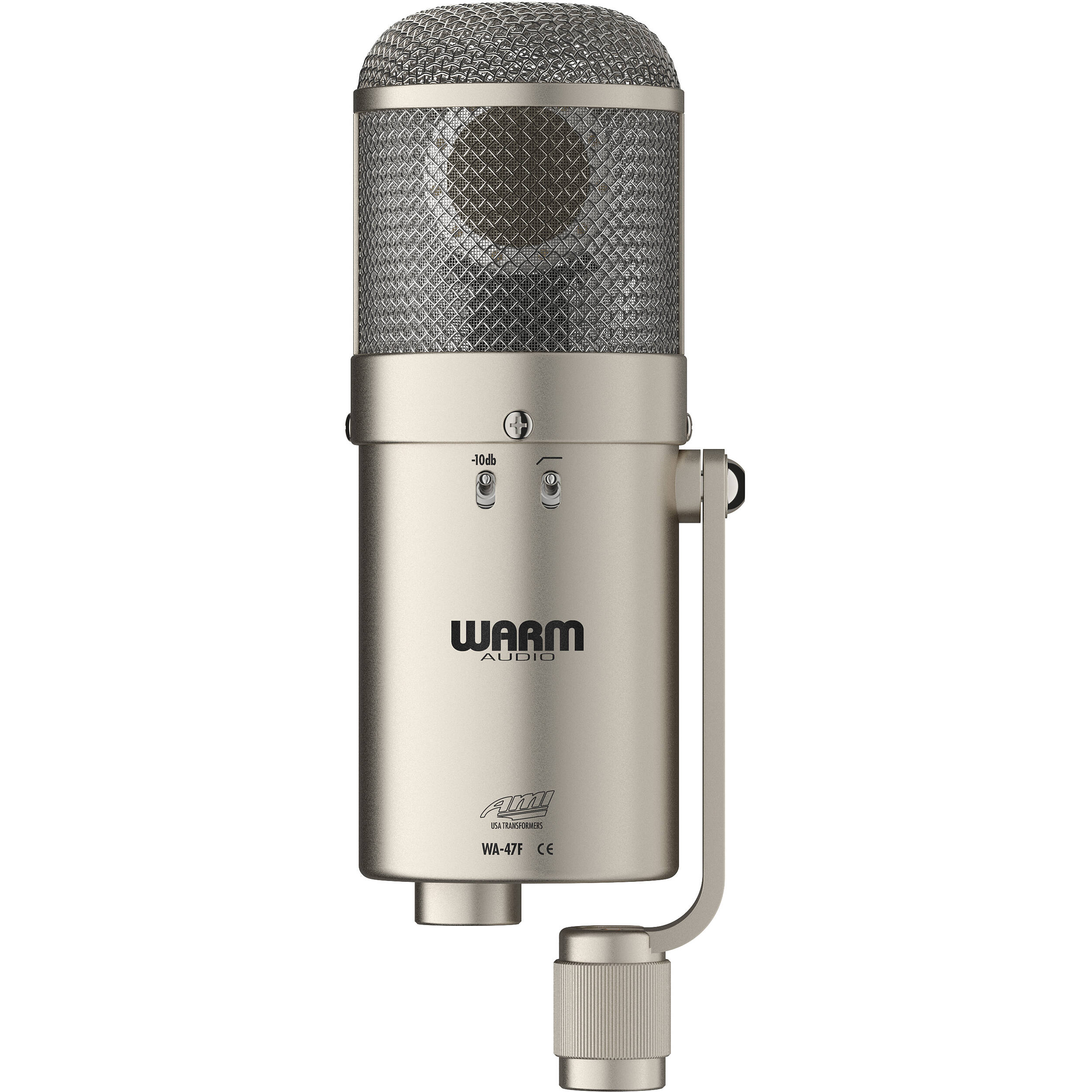 Warm Audio WA-47F condenser microphone shown from the front with a metallic finish and grille, designed for studio recording.