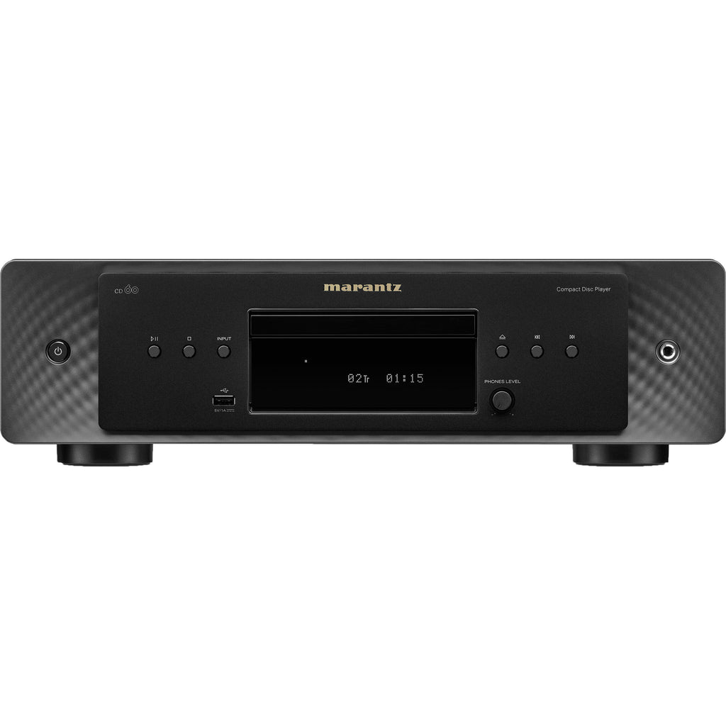 Marantz CD 60 CD player with sleek black design and digital display, showcasing front-loading disc tray and control buttons.