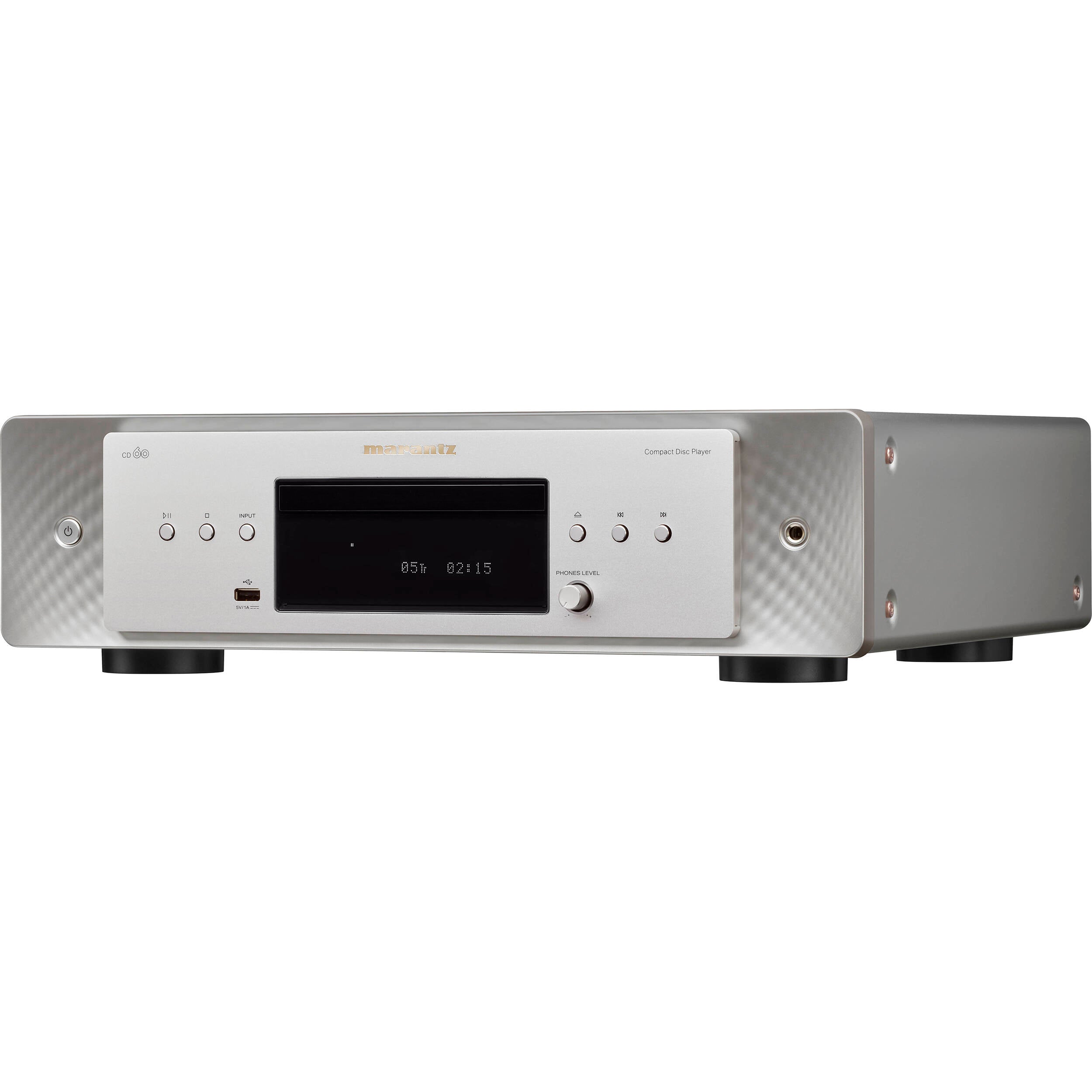 Marantz CD 60 CD player with silver finish, front-loading disc tray, and digital display for high-quality audio playback.