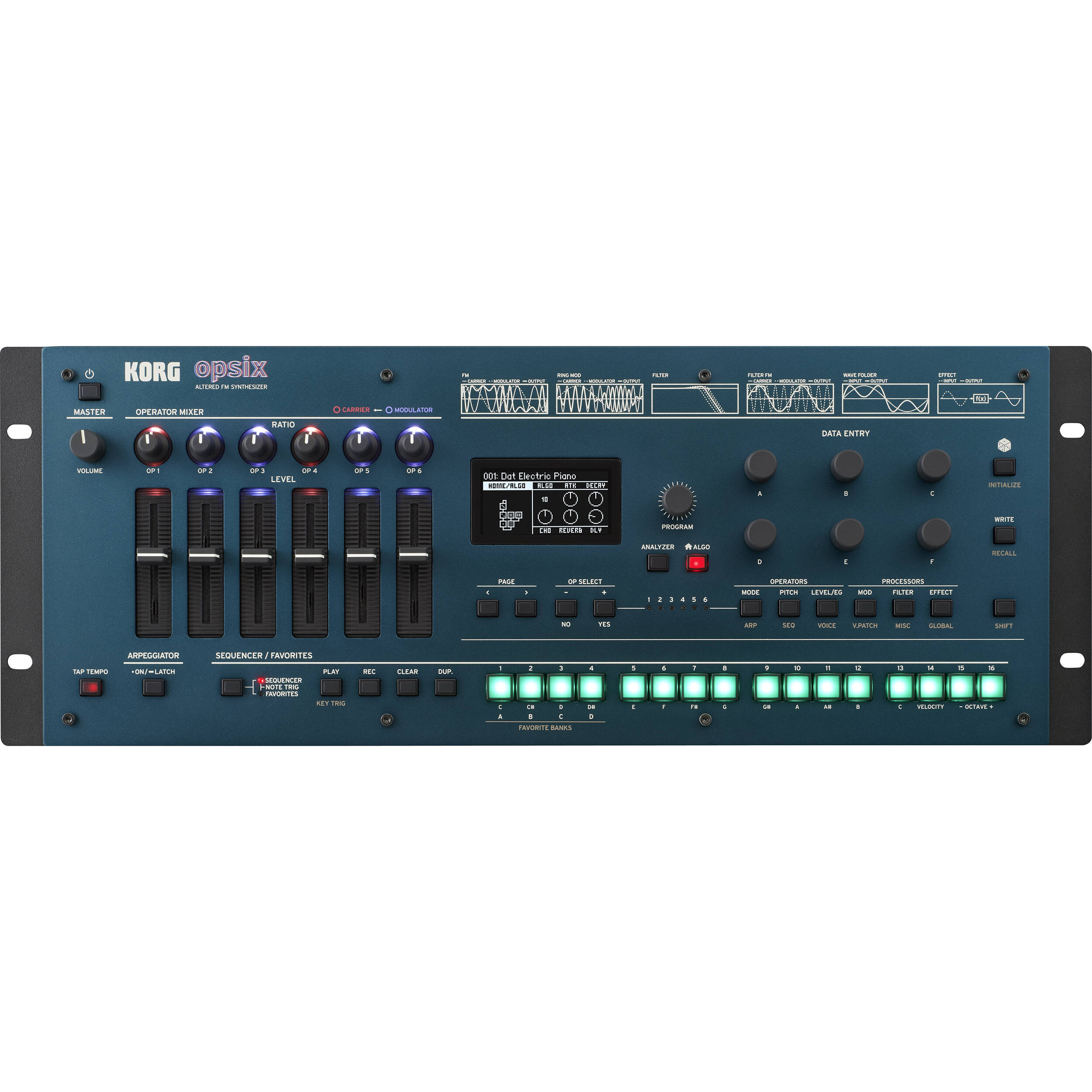 Korg Opsix synthesizer module with colorful control knobs and display, showcasing compact music production equipment.