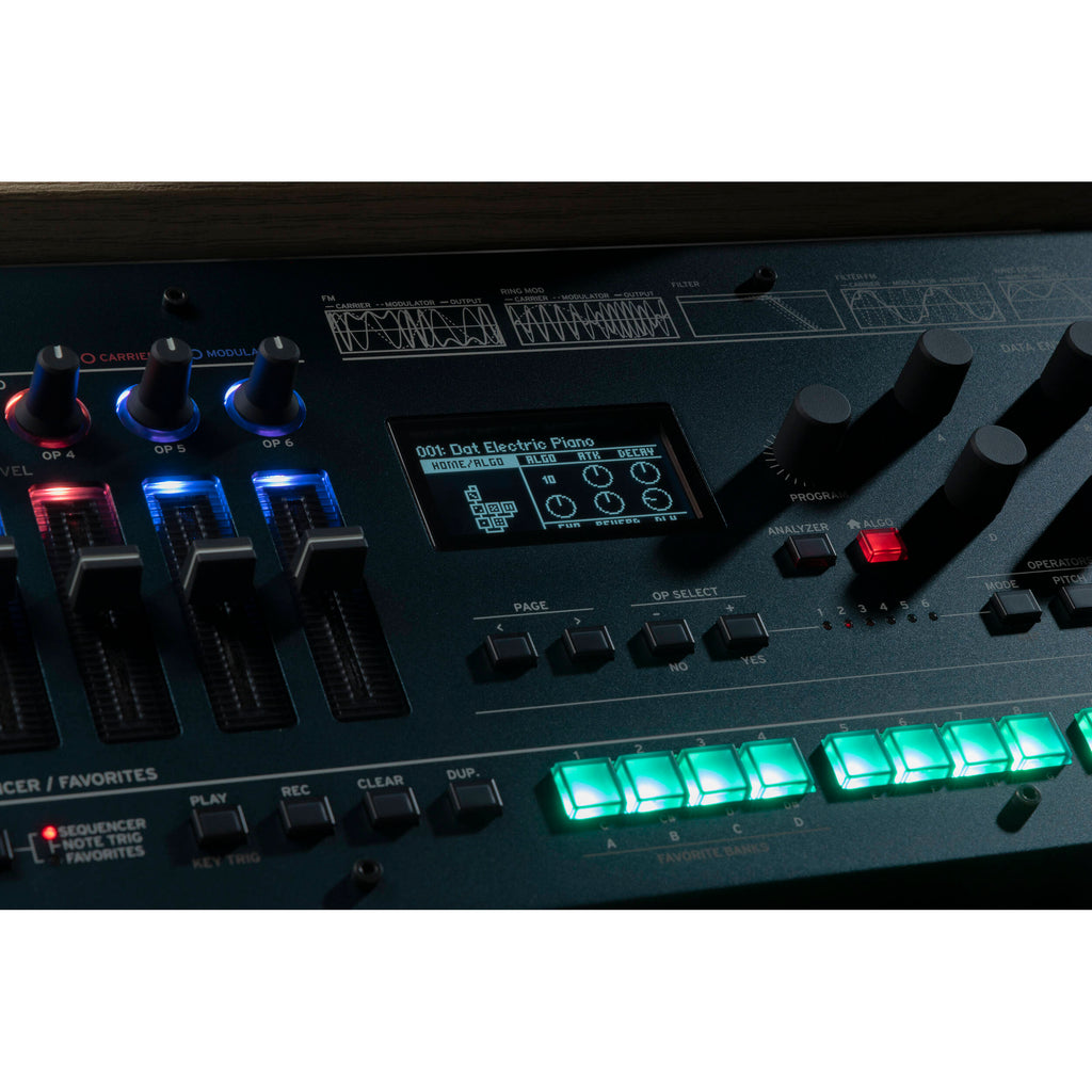 Korg Opsix synthesizer module with colorful control knobs and display, compact electronic music instrument for sound shaping.