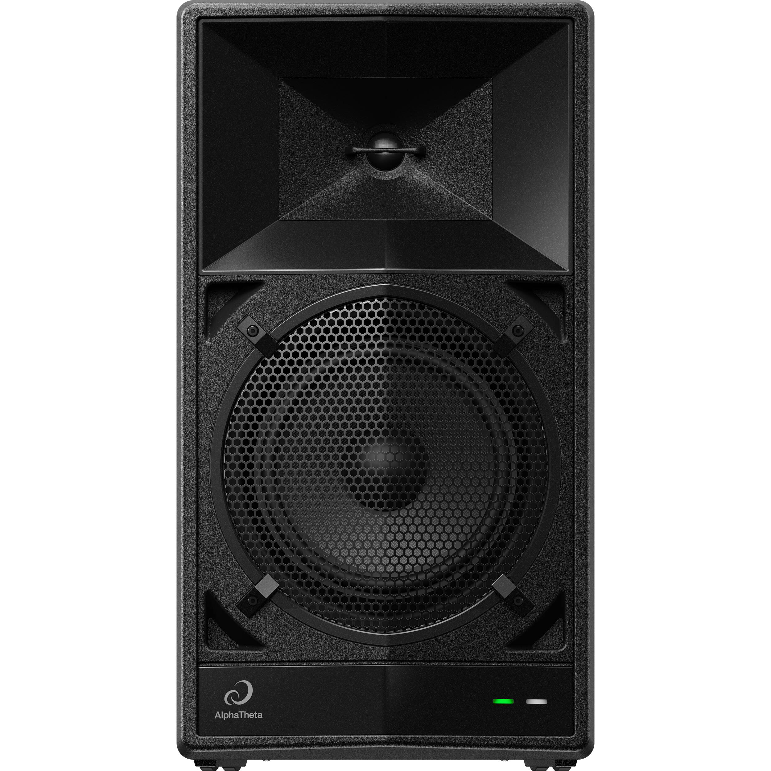 AlphaTheta Wave-Eight battery-powered loudspeakers with sleek black design and portable build for high-quality sound.